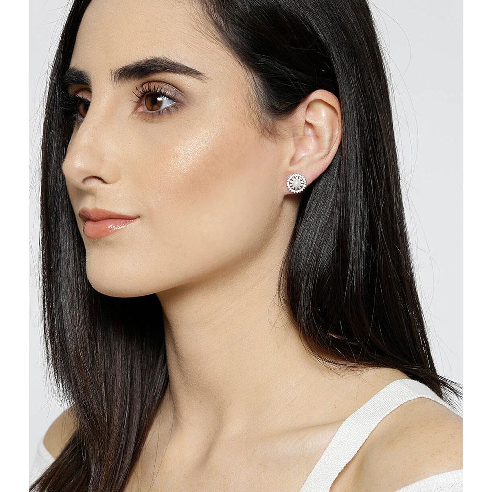 Carlton London White Studded Circular Jacket with Centre Bead Stud Earrings