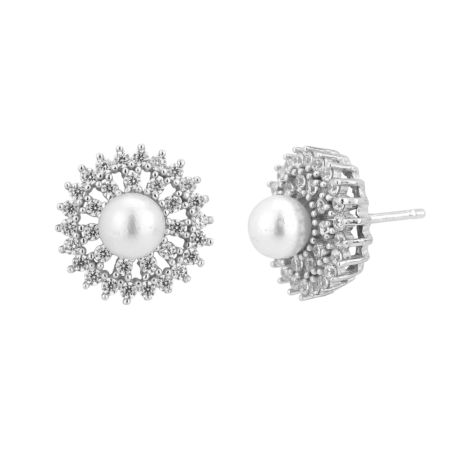Carlton London White Studded Circular Jacket with Centre Bead Stud Earrings