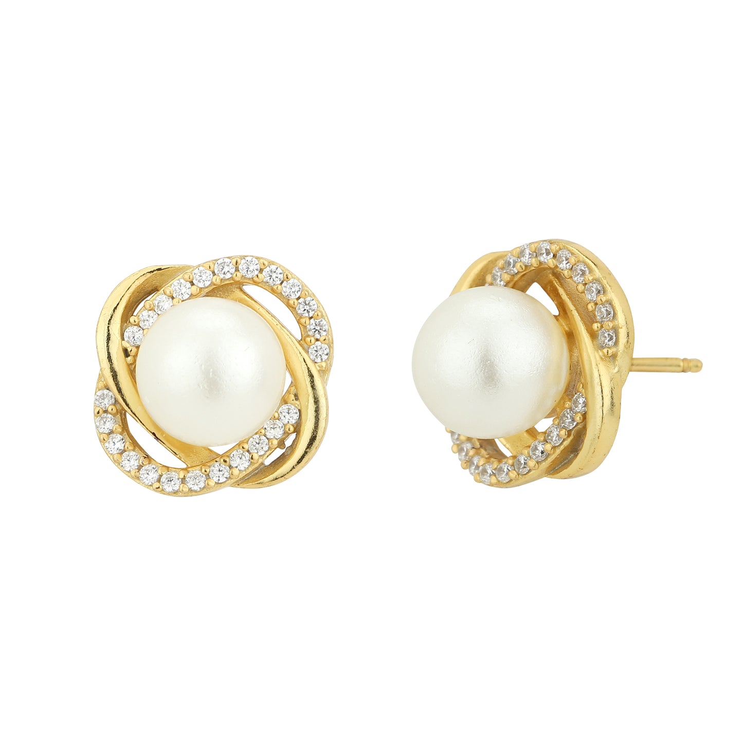 Carlton London White and Gold Beaded Contemporary Stone Stud Earrings
