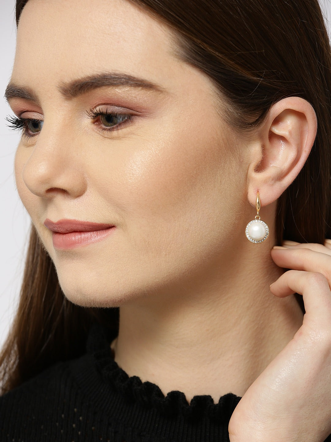 Carlton London Gold Beaded and Stone-Studded Circular Drop Dangle Earrings